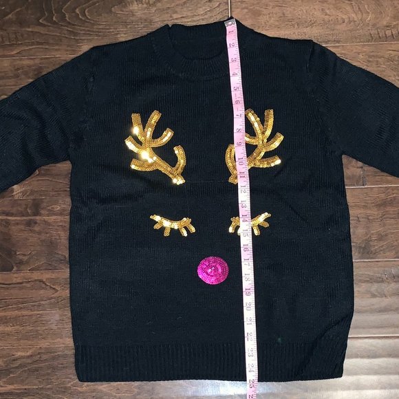BRAND NEW Black Christmas Gold Pink Sequin Rudolph Reindeer Sweater - Picture 8 of 11